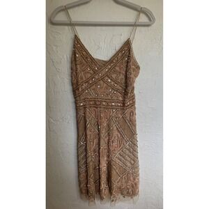 LARA Beaded Gatsby Cocktail Dress Womens 4 Champagne Gold V-Neck Mini Strap